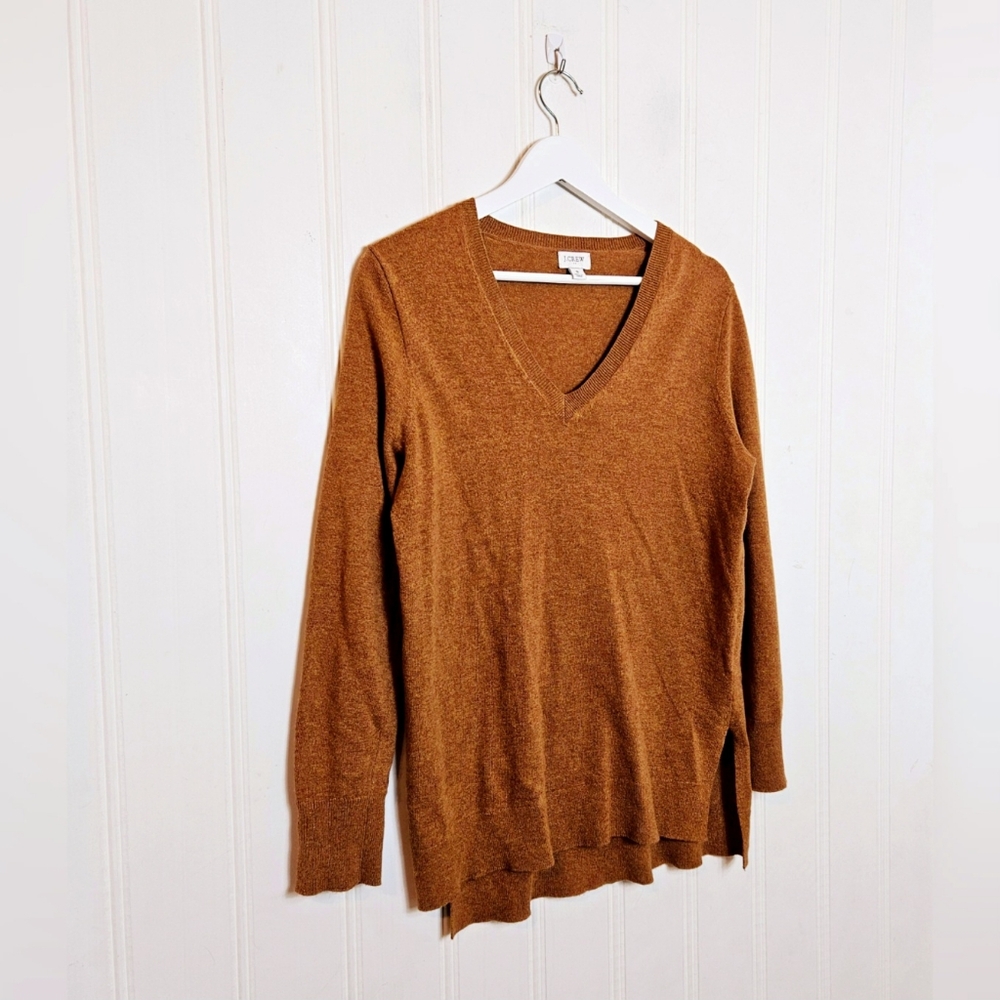 J.Crew Sweater Tunic S V-Neck Wool Blend High Low Slit Hem Burnt Orange Rust Top